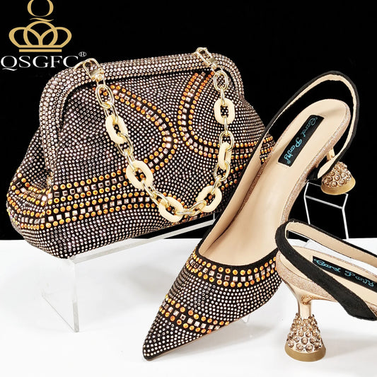 Italian Pumps and Bag To Party 2024 INS Style Pointed-Toe Rhinestone Elegant High Heels Champagne Wedge for Women
