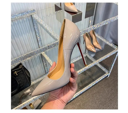 12CM Brown Patent Leather Pumps Women Red Bottom Heels Elegant High Heeled Stilettos Evening Shoe for Party