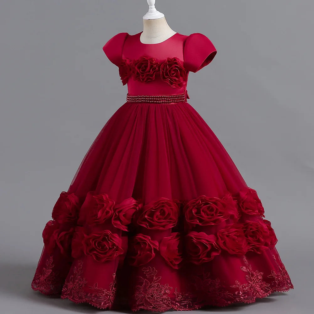 Summer Flower Bridemaids Party Girl Dresses Elegant Wedding Birthday Princess Prom Dress for Girls Bow Evening Christmas Costume