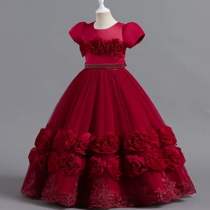 Summer Flower Bridemaids Party Girl Dresses Elegant Wedding Birthday Princess Prom Dress for Girls Bow Evening Christmas Costume