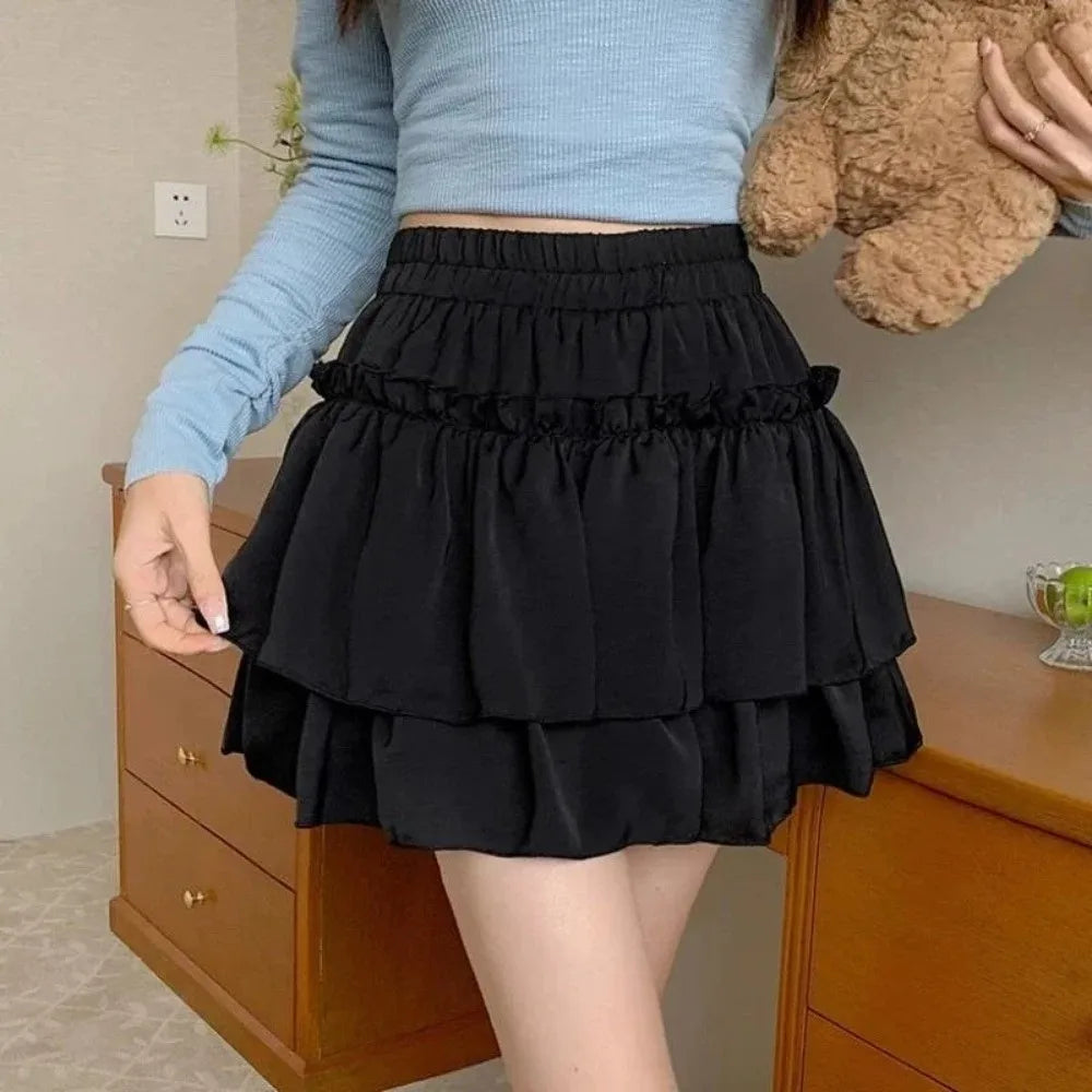 Chic Sweet Style Pleated A-Line Skirt Elegant Versatile Tiered Skirt Basic Cut High Waist Elastic Waist Skirt Summer