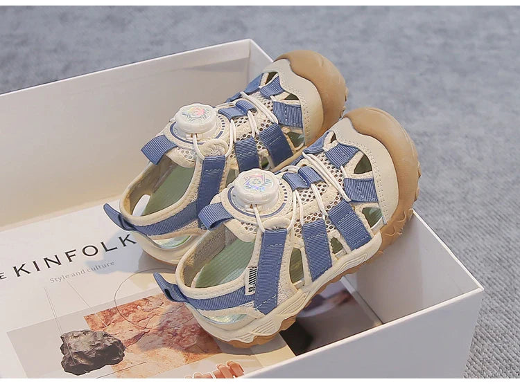 Kids' Rotating Button Closed-Toe Sandals, Breathable Mesh Shoes, Non-Slip Boy Girls Barefoot Shoes Summer Casual Sports Sandals