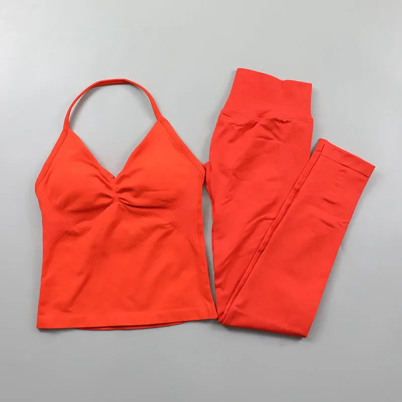 Fitness Leggings Set Women Seamless Yoga Set Fitness Clothing Scrunch Bum Gym Legging Padded Tank Top Workout Outfits Sportswear