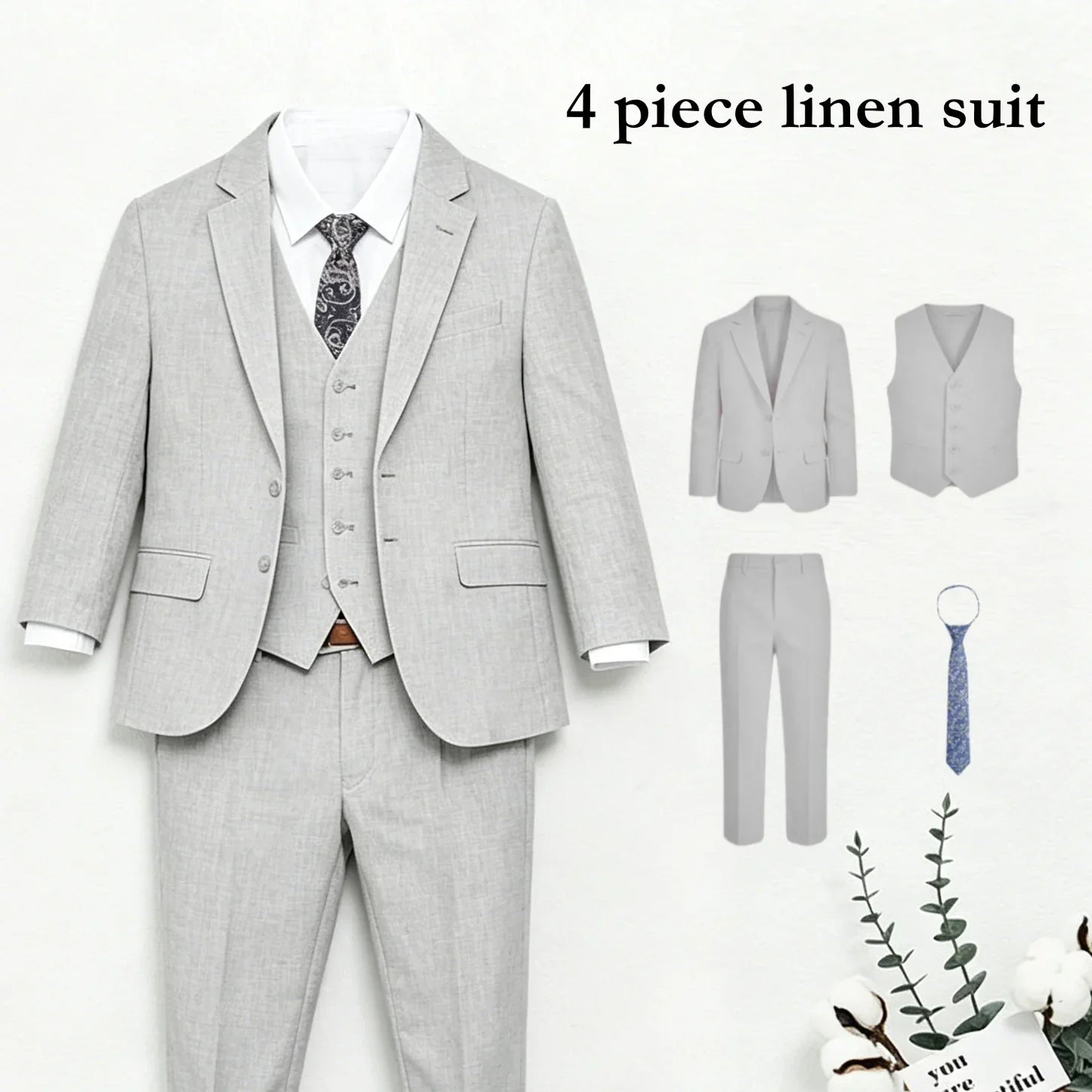 Four Pieces Linen Suit Set for Children 3-14 Years Old, Summer Beach Wedding Guest Tuxedo Jacket Vest Pants Tie Luxury Set