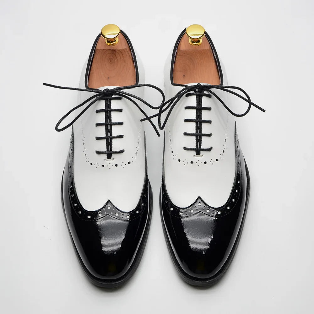 Formal Oxfords Shoes for Men White Black Real Cow Patent Leather Business Lace-up Wingtip Toe Brogue Wedding Mens Dress Shoes