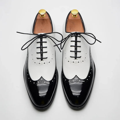 Formal Oxfords Shoes for Men White Black Real Cow Patent Leather Business Lace-up Wingtip Toe Brogue Wedding Mens Dress Shoes