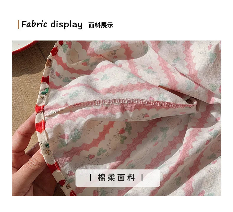 Kid Girl Adorable Short Sleeve Dress Red White Vertical Stripes Bunny Strawberry Print Peter Pan Collar Skirt for Children