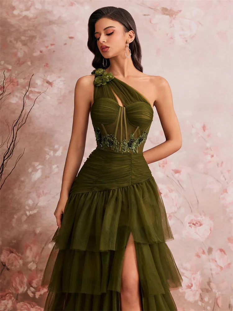 Luxury Skew-shouldered Fishbone Applique Cake Dress Elegant Tulle Slit Formal Evening Dresses Elegant Backless Party Gowns