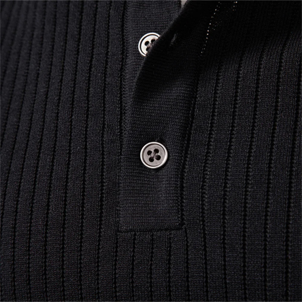 Button Placket Polo Shirt Men Ribbed Stripe Long Sleeve Contemporary Fit Minimalist Autumn Winter Premium Business Top