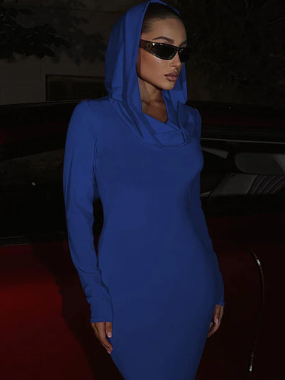 Fashion Sexy Solid Hooded Maxi Dresses Women Elegant Casual Long Sleeve Slim Bodycon Party Vestidos Robes Streetwear