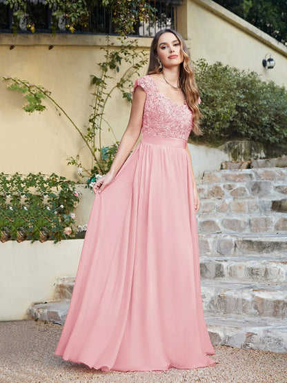 A-line V Neck Sleeveless Floral Lace Chiffon Back Hollow Long Paty Bridesmaid Dress Women 2024 For Wedding Sexy Evening Dress