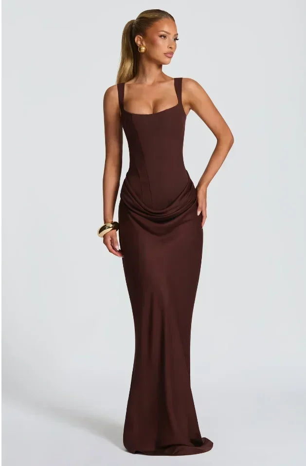 Solid Pleated Sling Dress Square Neck Sleeveless Off-shoulder Waist Cinching Slim Women Dresses Fashion Evening Party Gowns 2025