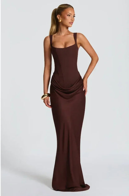 Solid Pleated Sling Dress Square Neck Sleeveless Off-shoulder Waist Cinching Slim Women Dresses Fashion Evening Party Gowns 2025