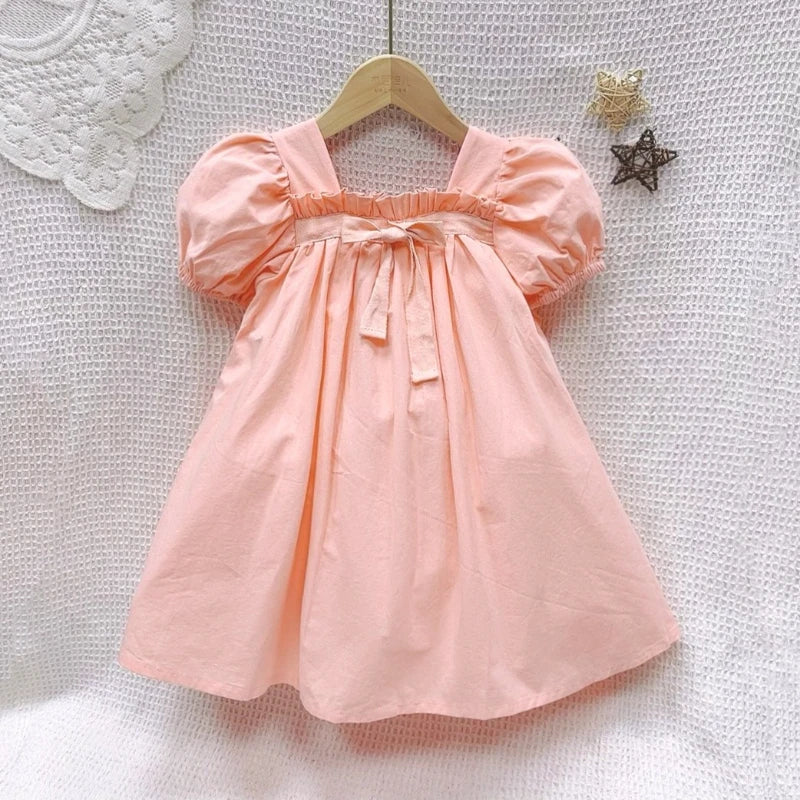 Summer Doll Skirt Girl Baby Bow Bubble Sleeve Princess Dress Floral Square Neck Dress