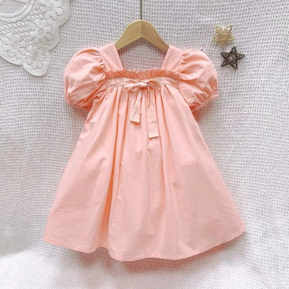 Summer Doll Skirt Girl Baby Bow Bubble Sleeve Princess Dress Floral Square Neck Dress