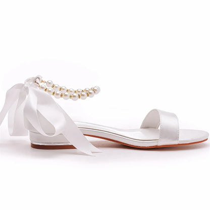Summer new 2-cm square-heeled silk ribbon pearl rhinestone low-heeled wedding shoes beaded lace-up flat large-size women sandals