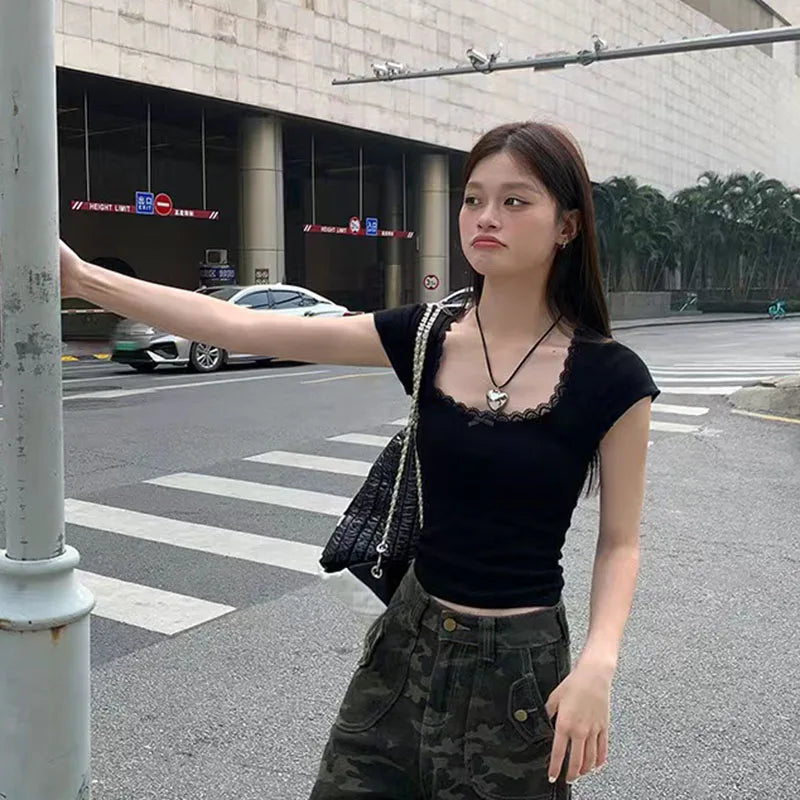 Y2k Lace Patchwork Crop T-shirt Women Vintage Streetwear Sexy Slim U Neck Tops Female Harajuku Korean Bow Chic Bottoming Tees