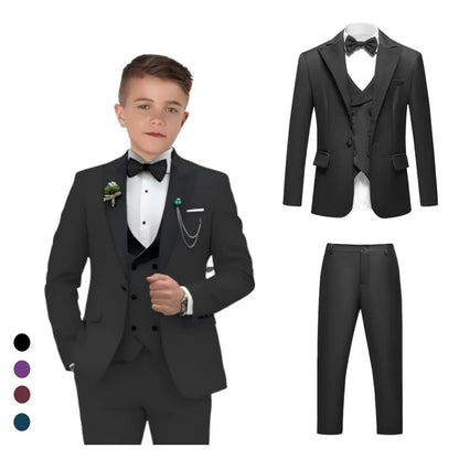 Vintage 4-Piece Suit Set for Boys 3-14 Years, Black Peak Laple Kids Formal Tuxedo Set, Blazer Vest Pants Bow-tie Graduation Suit