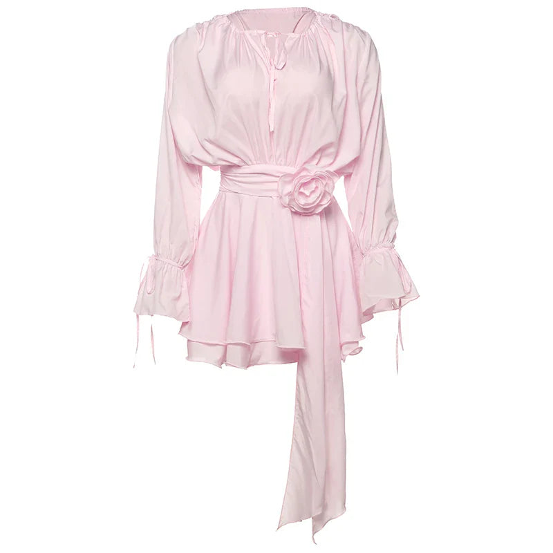 Elegant 3D Flower Decoration Dress Women Y2K Sweet Style Flare Sleeve Ruched Ribbon Vacation Fashion Summer Mini Bodycon