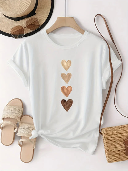 Camiseta Feminina Casual Manga Curta com Estampa Gráfica de Quatro Corações - Preto e Dourado, Gola Redonda com Elasticidade Média