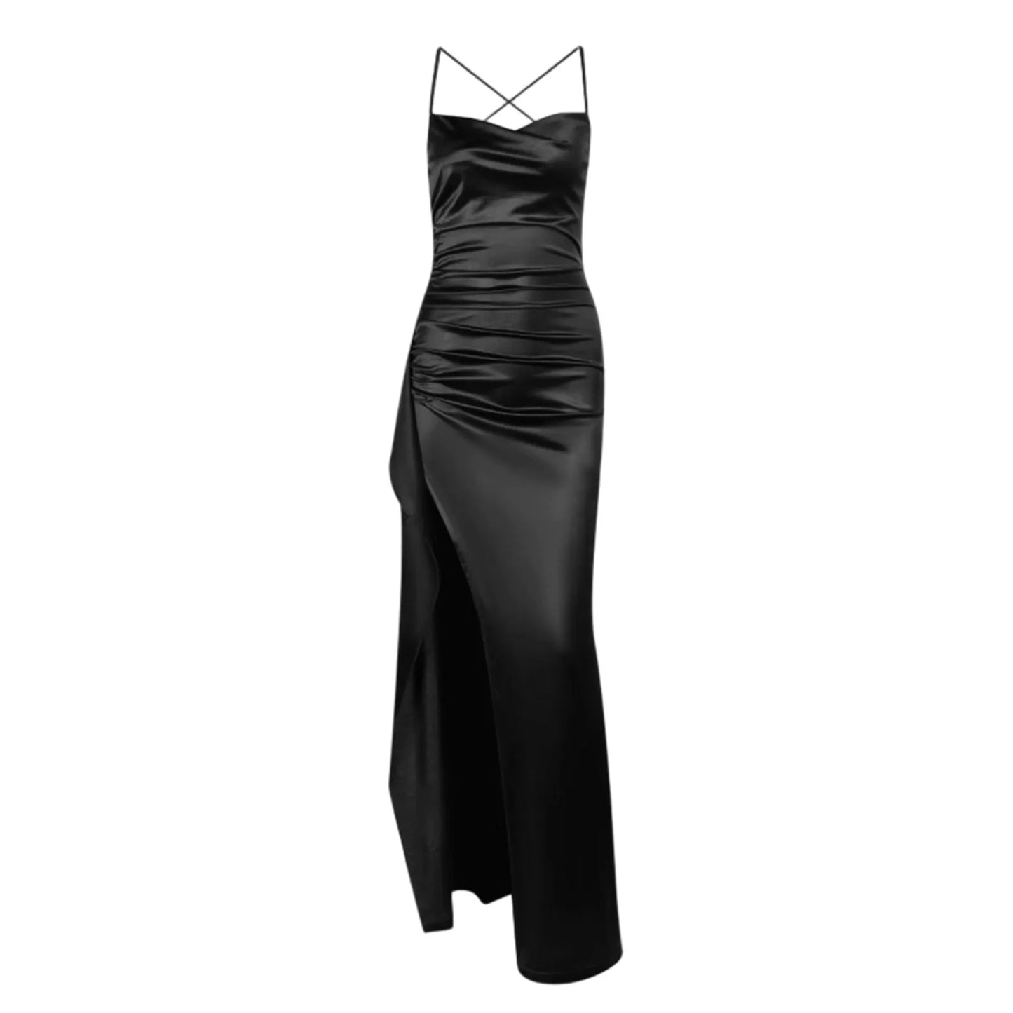 Women's Fashion Elegant Fitted Pleated Slit Satin Gown Solid Color Sleeveless Backless Long Dresses Summer Satin Party Dress