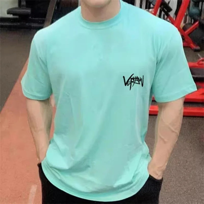 NEW Round Collar  sports T Shirt Oversize Cotton Summer Tee Training running shirt Man Streetwear Half Sleeve men T-shirt