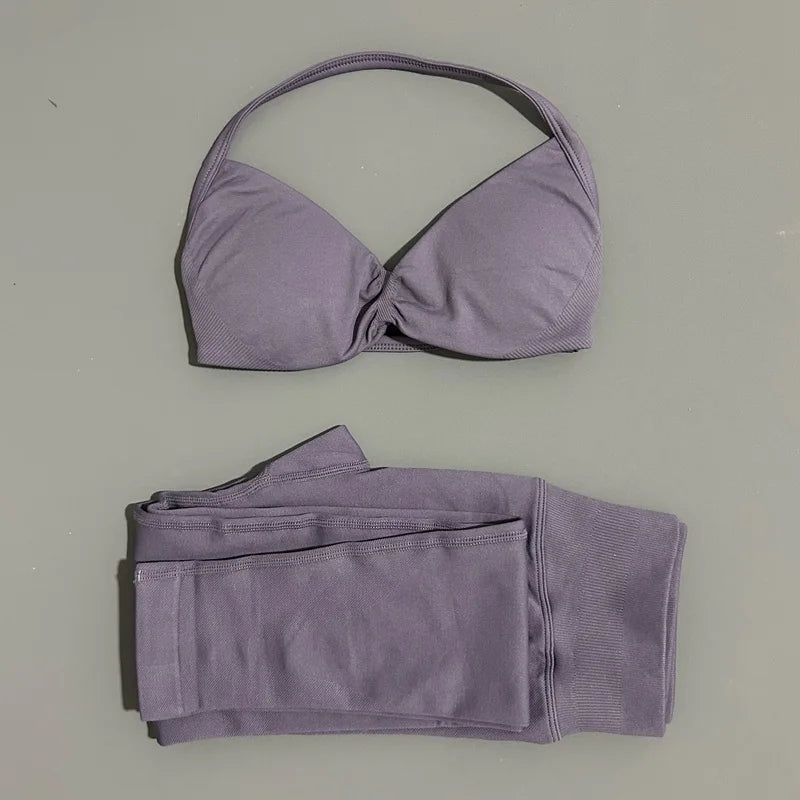 2 Piece Sports Set Women Yoga Backless Halter Bra High Waist Scrunch Seamless Pants Sport Suit Gym Sportswear Workout Set