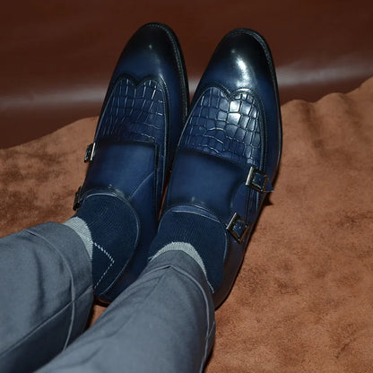 Classic Men's Genuine Leather Dress Shoes Double Buckle Monk Strap Wingtip Crocodile Print Business Office Formal Footwear Man