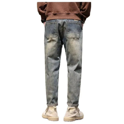 Calça Jeans Masculina Primavera Vintage Elástica Casual Longa Calça Reta Slim Algodão Poliéster Lavada para Adolescentes