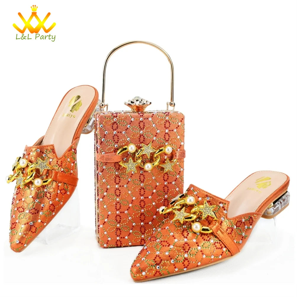 Low Heels Comfortable Sweet Style Italian Design Shoes Matching Bag Set in Orange Color High Quality with Crystal for Dress