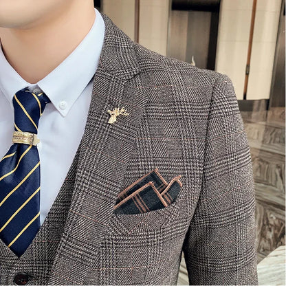 Checkered Suit (Blazer+Vest+Pants) Men's Fashion Hosting Work Business Wedding Casual Linen Art Style Elegant Gentleman's Suit