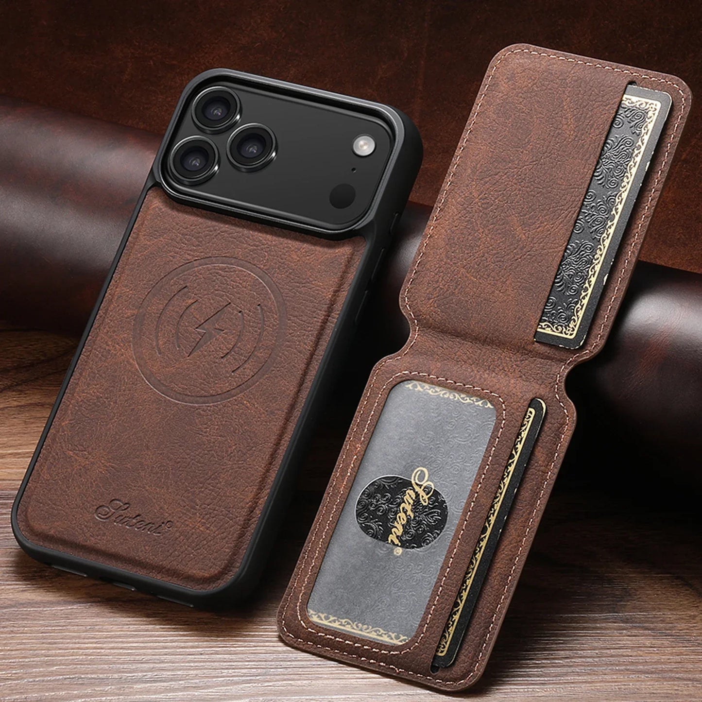 Wireless Charging Phone Case Magnet Card Holder Stand Faux Leather For iPhone 17 Pro Max 16 Plus 15 14 13 12