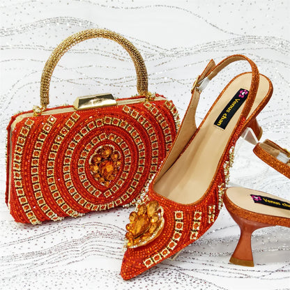 High Heel for Lady 2025 Luxury Designer Orange Color Full Diamond Pointed Toe Wedding Shoe and Bag Set for Party