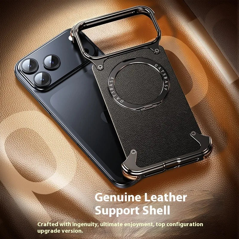 iPhone 17 Pro Max Air Phone Case Genuine Leather Magsafe Frameless Shell With 360°Rotate Magnetic Stand Anti-Drop Cover