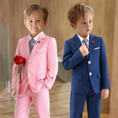 Pink Rose Embroidery Kids Formal Suit Set 3 Pieces Blazer Pants Tie Boy Wedding Suit Communion for Boys Tuxedos Teen Suit