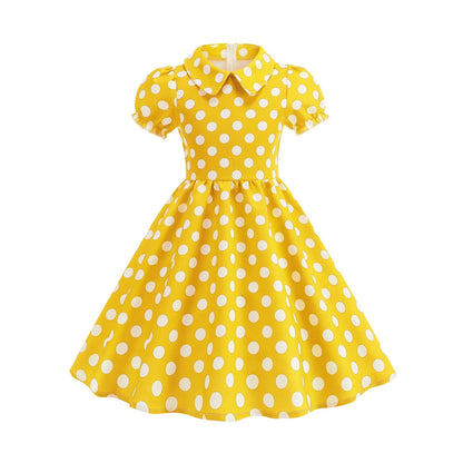 New Fashion Kids Dress For Girls Polka Dot Short-sleeved Children Dress With Baby Collar Daily Girls Casual Costume