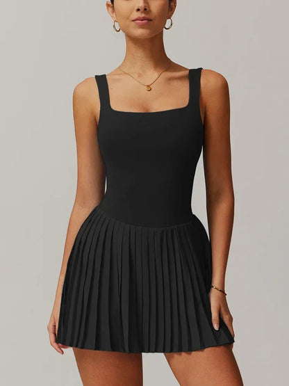 Workout Tennis Dress with Built in Shorts Square Neck Padded Workout Dress with Pockets Golf Athletic Mini Dresses