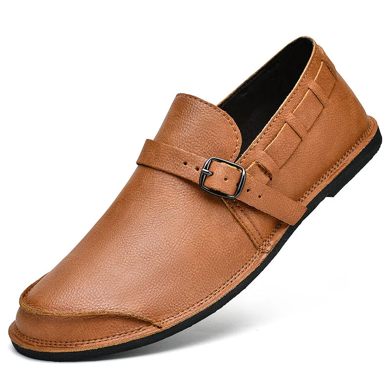 Sapatos Masculinos de Couro com Bico Largo e Sem Cadarço, Flats Casuais Minimalistas Antiderrapantes Primavera Verão Outono
