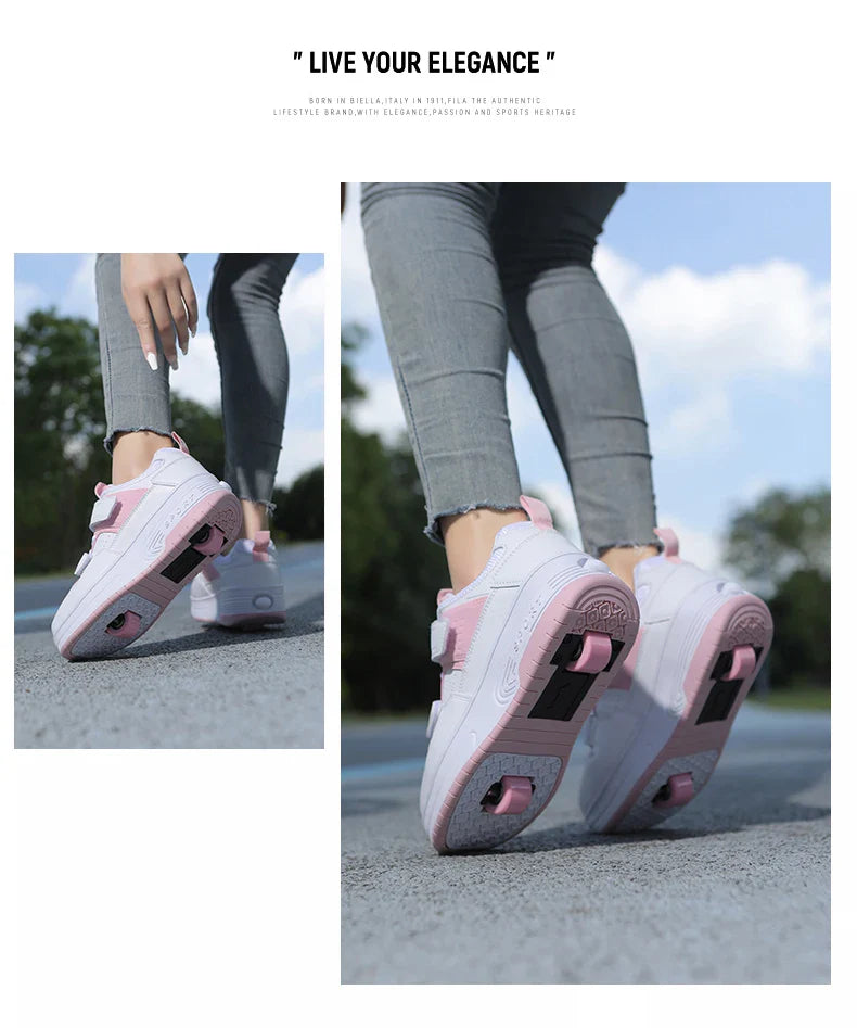 Autumn 2025 Kids Walking Shoes Detachable Double Wheel Roller Skates Boy Leather Student Shoe Four Wheeled Children Shoes Girl