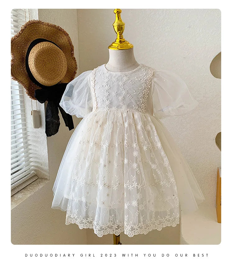 Kid Girl White Short Sleeve Dress Delicate Floral Embroidery Puff Mesh Sleeves and Tulle Overlay Skirt for Children Casual Wear