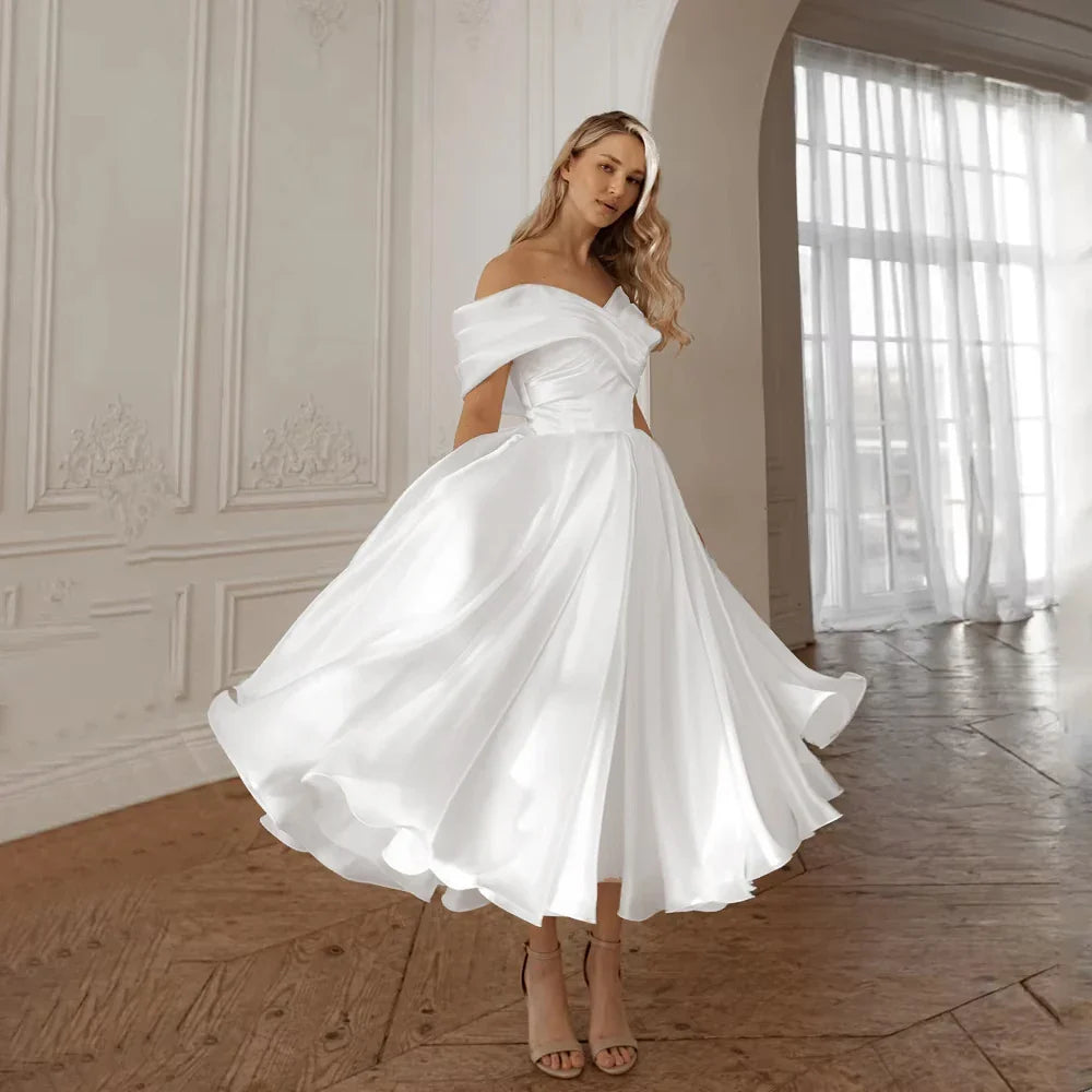 Off Shoulder Midi Wedding Dresses A-Line Ankle Length Ivory Bridal Shower Party Gowns Customized свадебное платье