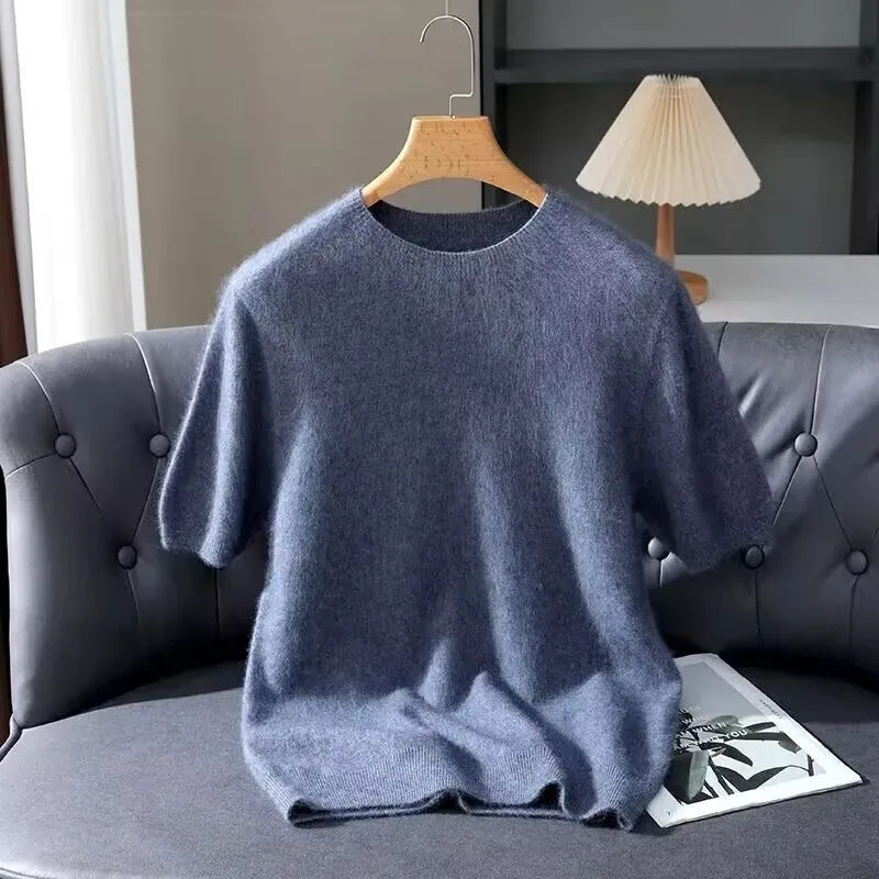 Men's Sweater Pullover Short Sleeved Summer Mink Knit Sweater Loose Round Neck Solid Color Half Sleeved Simple T-Shirt Casualtop