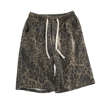 Men Leopard Denim Shorts Summer Thin American High Street Drawstring Casual Pants Loose Popular Versatile Handsome Trousers