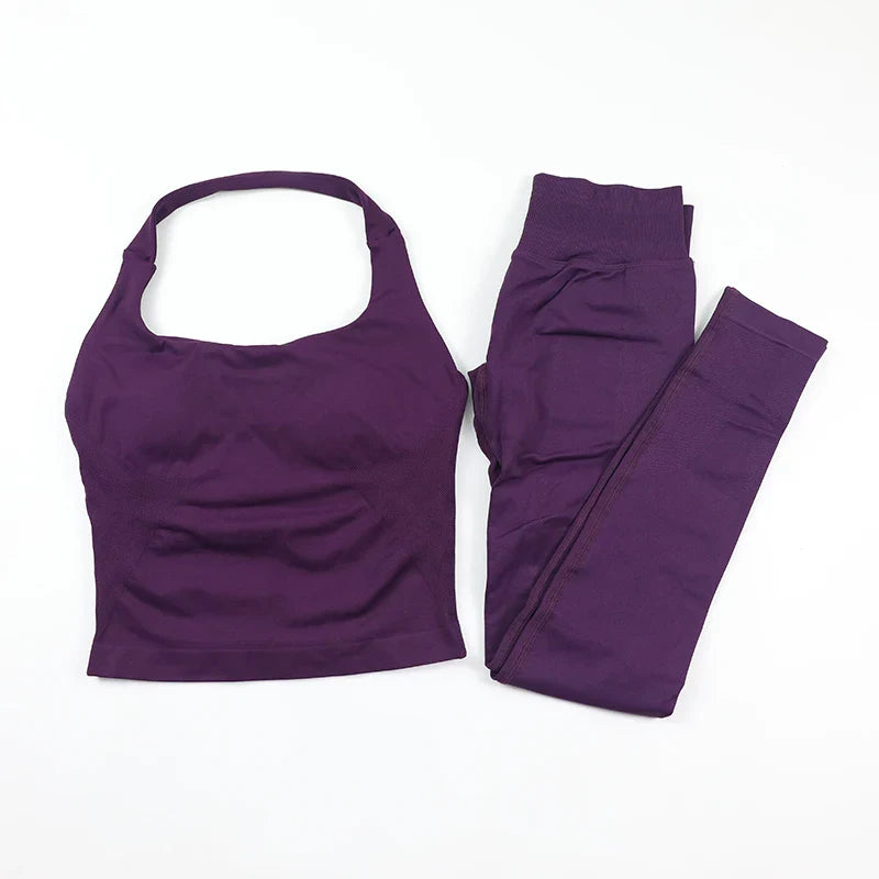 Seamless Gym Set Women Workout Clothes Low Waist Scrunch Yoga Leggings Sets Padded Halter Tank Top 2 Piece Sports Suits