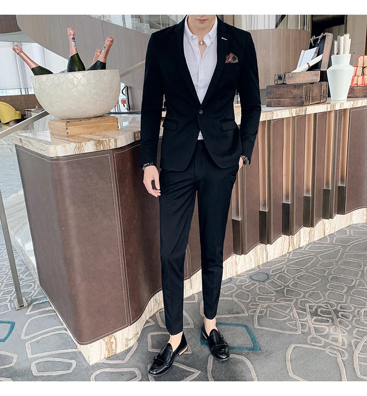 S-7XL Jacket + Pants / Luxurious High -end Brand Solid Color Men's Casual Business Slim Suit Two -piece Suit Groom Wedding Suit