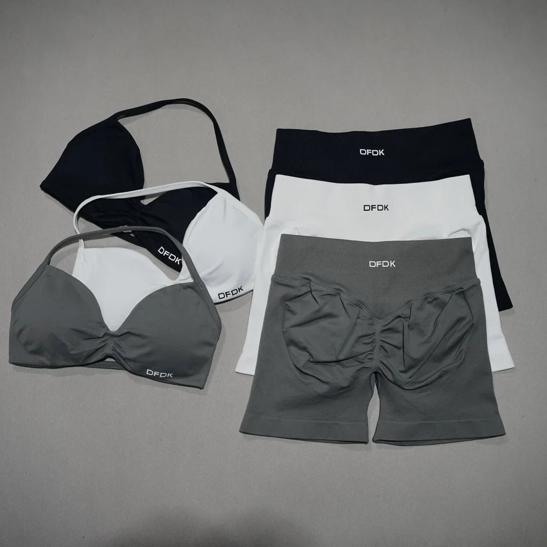 Women 2PCS Fitness Sports Set Lace Up Yoga Bra High Waist Short Leggings Seamless Cycling Running Workout Activewear
