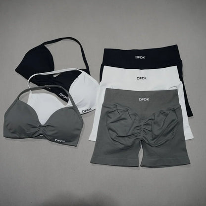 Women 2PCS Fitness Sports Set Lace Up Yoga Bra High Waist Short Leggings Seamless Cycling Running Workout Activewear