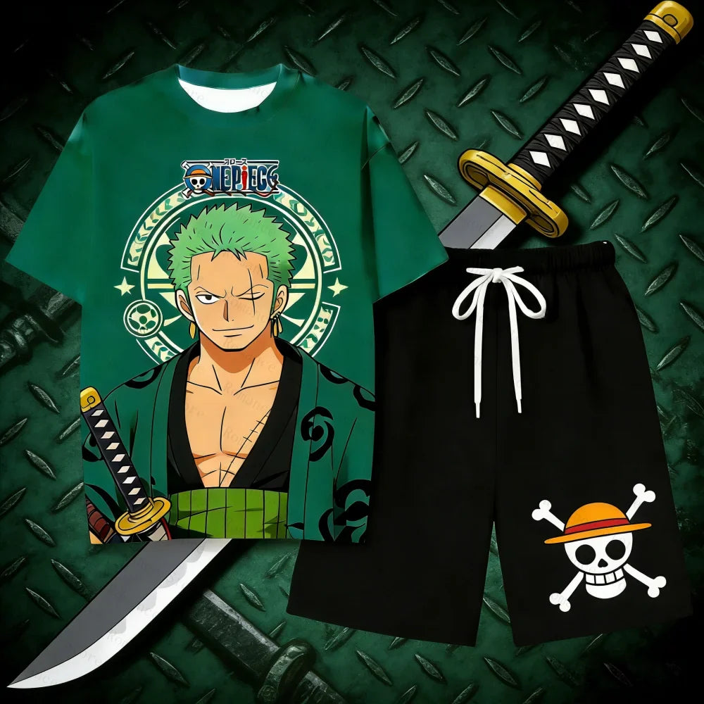 Anime One Piece Family Matching Outfits Ace Print Short Sleeve T-Shirt Shorts Set for Kids Adults Woman t-shirts and Shorts Set