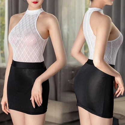 Elastic Wrap Mini Skirt for Women High Wiast Sexy Short White Black Long Tight Silk Pencil Skirts See Through Nightwear Clubwear