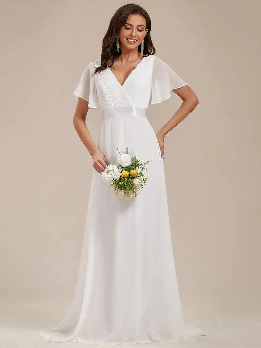 Empire Evening Dresses Cross V-Neck Tulle Short Sleeve Sashes Wedding Dress Sexy Backless Women's Formal Party Gowns